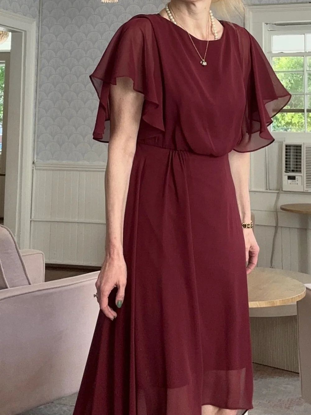 Women’s Burgundy High-Low Chiffon Event Prom Mother of the Bride Dress 2 - Picture 9 of 10